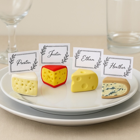 Cheese Place Card Holders - Set of 4 - Handmade Clay Brie, Gouda, Swiss, Blue - Picture 1 of 16
